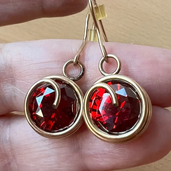MADE IN ISRAEL VINTAGE LARGE RED ORANGE GARNET COLOR PASTE GLASS EARRINGS